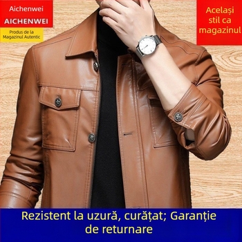 Geacă din PU piele pentru bărbați, stil coreean, croială ajustată, guler rever, închidere cu nasturi pe un rând, buzunare laterale