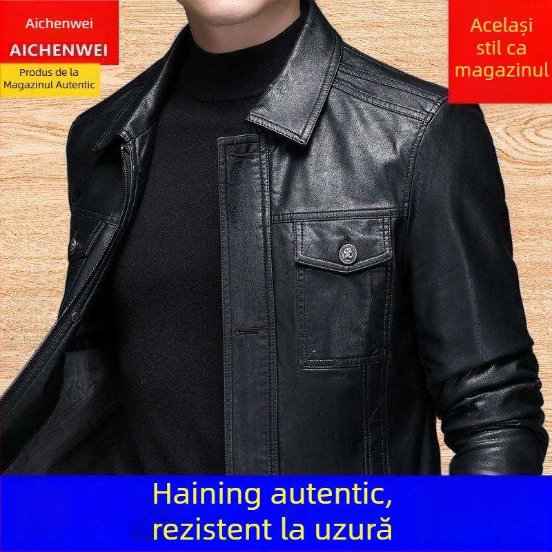 Geacă din PU piele pentru bărbați, stil coreean, croială ajustată, guler rever, închidere cu nasturi pe un rând, buzunare laterale