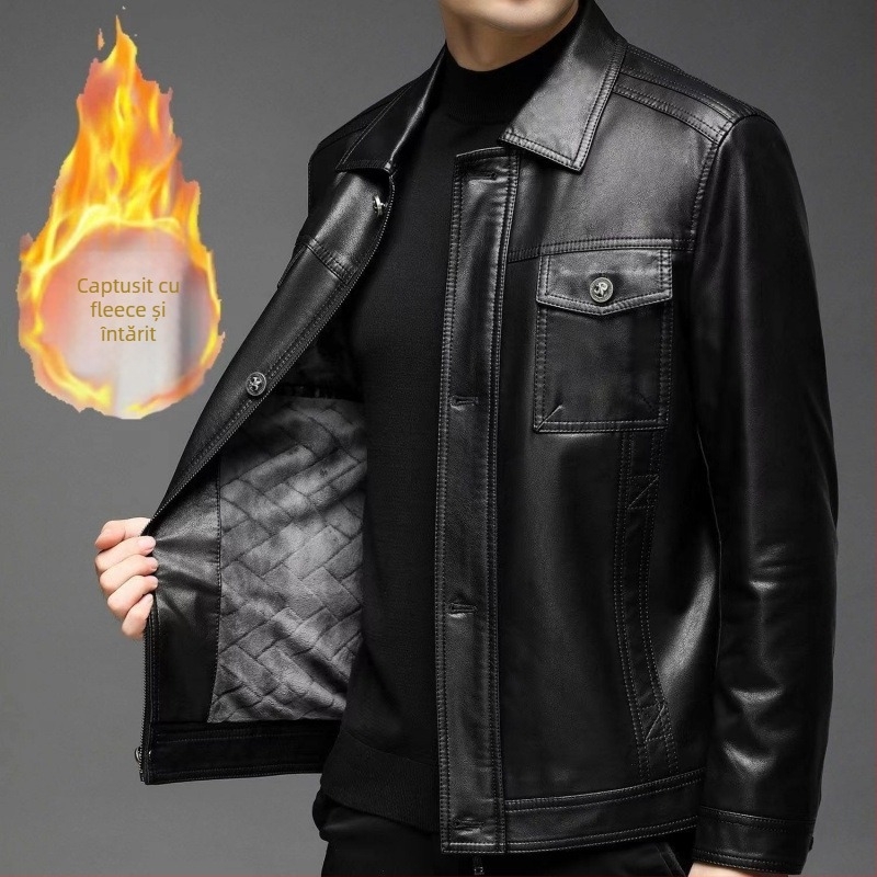 Geacă din PU piele pentru bărbați, stil coreean, croială ajustată, guler rever, închidere cu nasturi pe un rând, buzunare laterale