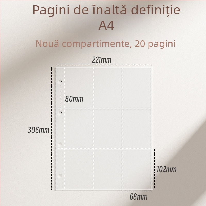 Album de carduri cu pagini interioare cu grilă de nouă căsuțe pentru cărți poștale și depozitare bilete