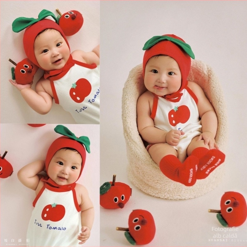 Set pentru fotografierea copiilor, în stil tomate desenate – fără mâneci, glugă detașabilă, bumbac 99%, set multifel cu haine și accesorii, pentru 0–1 ani, primăvară-vară-toamnă