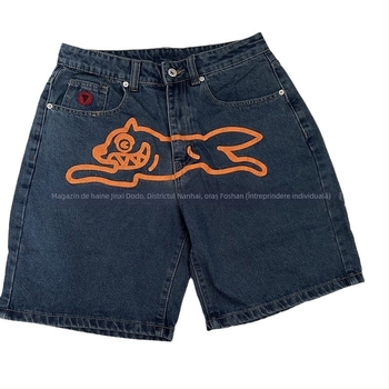 Șorturi denim pentru bărbați – talie medie, croială dreaptă, broderie, bumbac 90%, stil skateboard/hip-hop