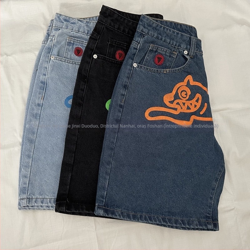 Șorturi denim pentru bărbați – talie medie, croială dreaptă, broderie, bumbac 90%, stil skateboard/hip-hop