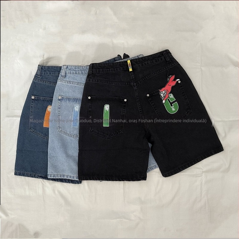 Șorturi denim pentru bărbați – talie medie, croială dreaptă, broderie, bumbac 90%, stil skateboard/hip-hop