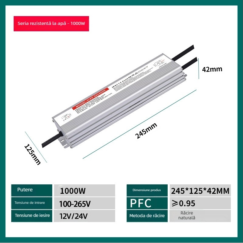 Sursă de alimentare cu comutare impermeabilă 24V 400W IP68, PF înalt, intrare variabilă, eficiență 95%