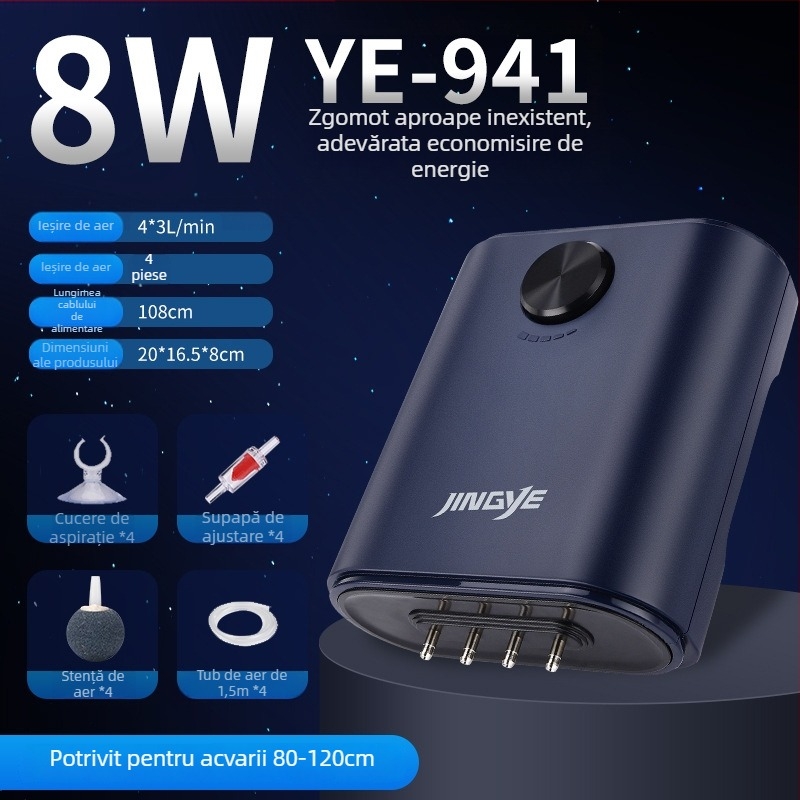Pompa Jingye de oxigenare – pentru pești aurii, aerator cu patru capete, debit mare de aer, pompă de apă pentru acvariu, 1 kg