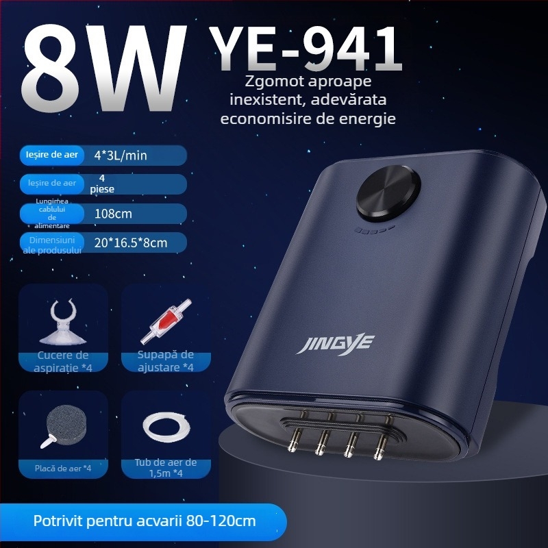 Pompa Jingye de oxigenare – pentru pești aurii, aerator cu patru capete, debit mare de aer, pompă de apă pentru acvariu, 1 kg