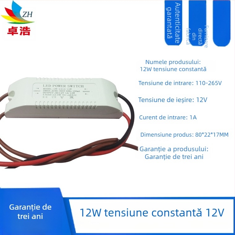 Sursă LED pentru bandă, intrare 12V/24V, puteri 6W/12W/24W/36W, sursă cu comutație, tensiune constantă, CE certificat