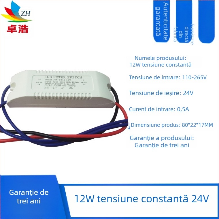 Sursă LED pentru bandă, intrare 12V/24V, puteri 6W/12W/24W/36W, sursă cu comutație, tensiune constantă, CE certificat