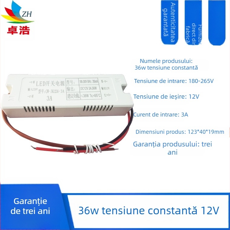 Sursă LED pentru bandă, intrare 12V/24V, puteri 6W/12W/24W/36W, sursă cu comutație, tensiune constantă, CE certificat