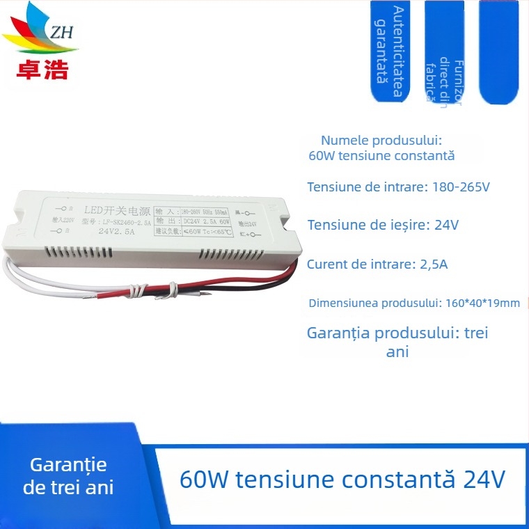 Sursă LED pentru bandă, intrare 12V/24V, puteri 6W/12W/24W/36W, sursă cu comutație, tensiune constantă, CE certificat