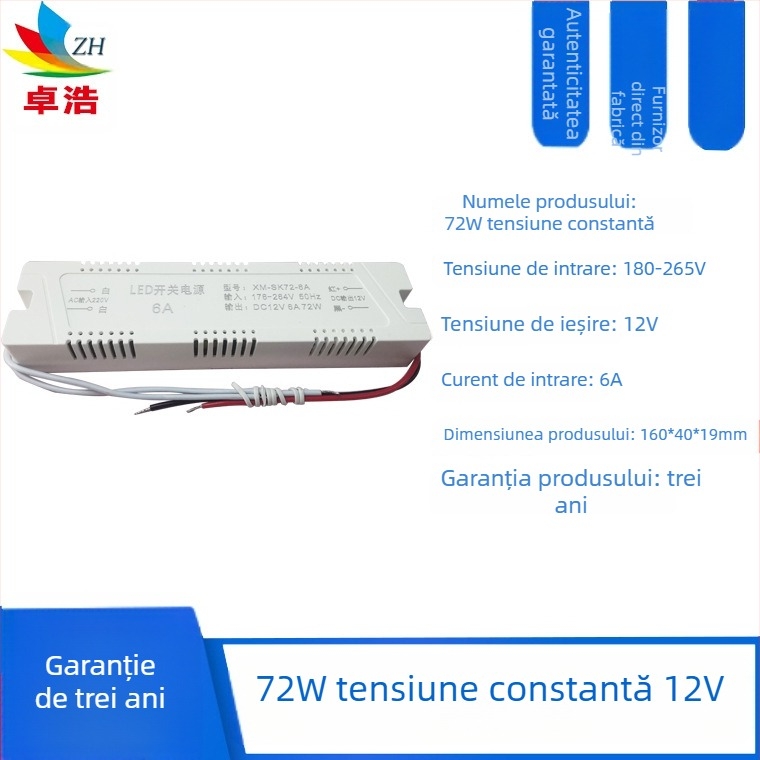 Sursă LED pentru bandă, intrare 12V/24V, puteri 6W/12W/24W/36W, sursă cu comutație, tensiune constantă, CE certificat