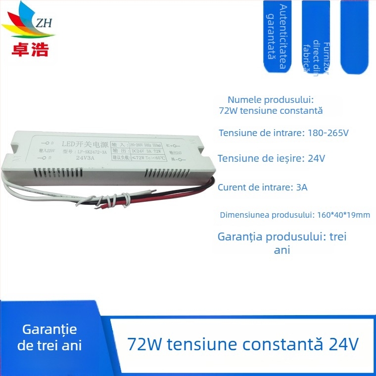 Sursă LED pentru bandă, intrare 12V/24V, puteri 6W/12W/24W/36W, sursă cu comutație, tensiune constantă, CE certificat