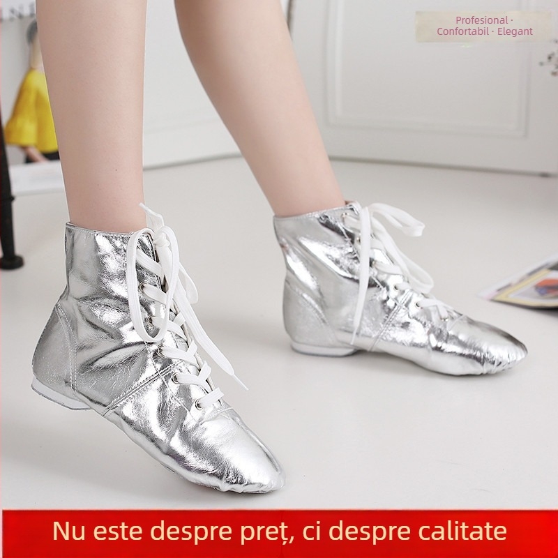 Ghete Jazz înalte pentru femei adulte, partea superioară din PU, talpă din piele naturală, respirante și ușoare pentru balet și dans modern