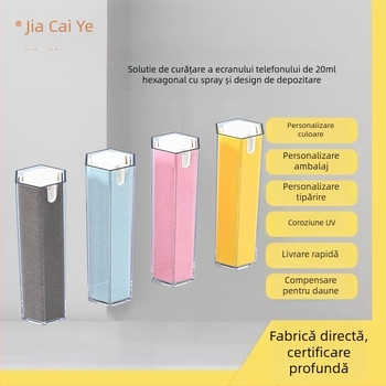 Set de curățare a ecranului LCD pentru smartphone, design hexagonal, model JCY-425, greutate 58,5 g, cu recipient spray integrat și spațiu de depozitare.