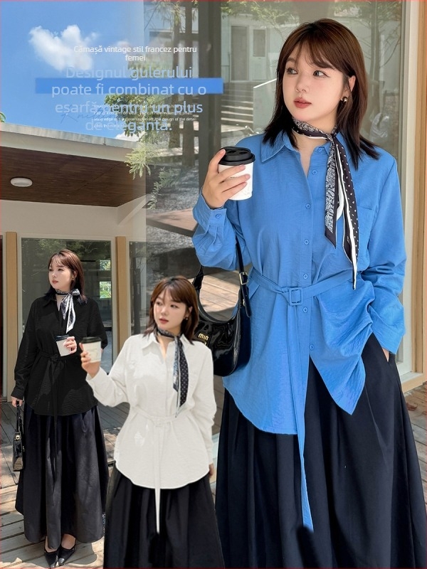 Top-bluză cardigan feminin în stil franțuzesc, talie cu curea, din bumbac cu senzație de velur și elasticitate în patru direcții, guler de cămașă, mâneci lungi, toamnă 2025