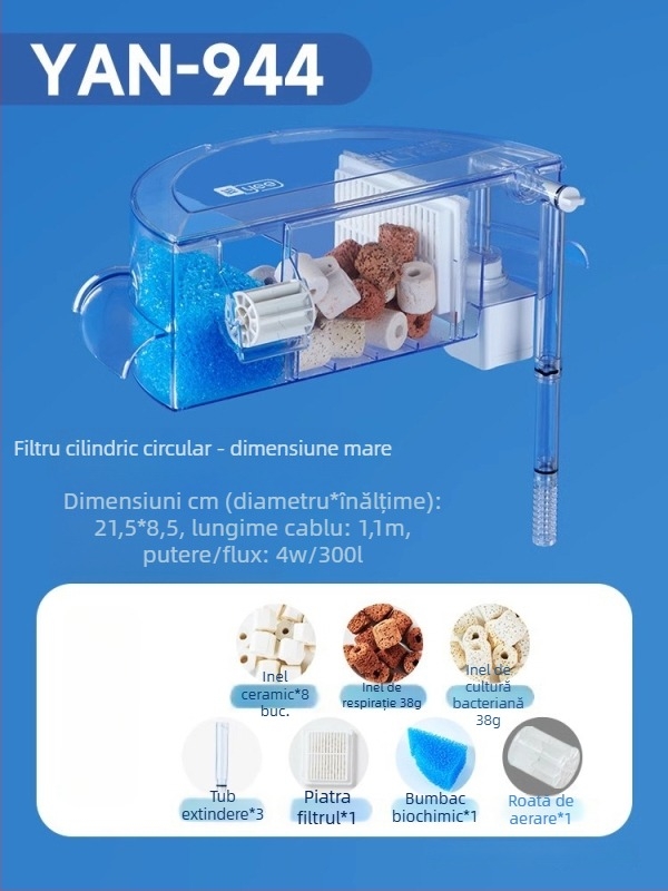 Filtru rotund pentru acvariu cu generare de oxigen încorporată, cascadă montată pe perete, filtrare trei în unu • Plastic • Greutate: 480 g • Brand: yee