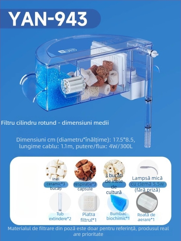 Filtru rotund pentru acvariu cu generare de oxigen încorporată, cascadă montată pe perete, filtrare trei în unu • Plastic • Greutate: 480 g • Brand: yee