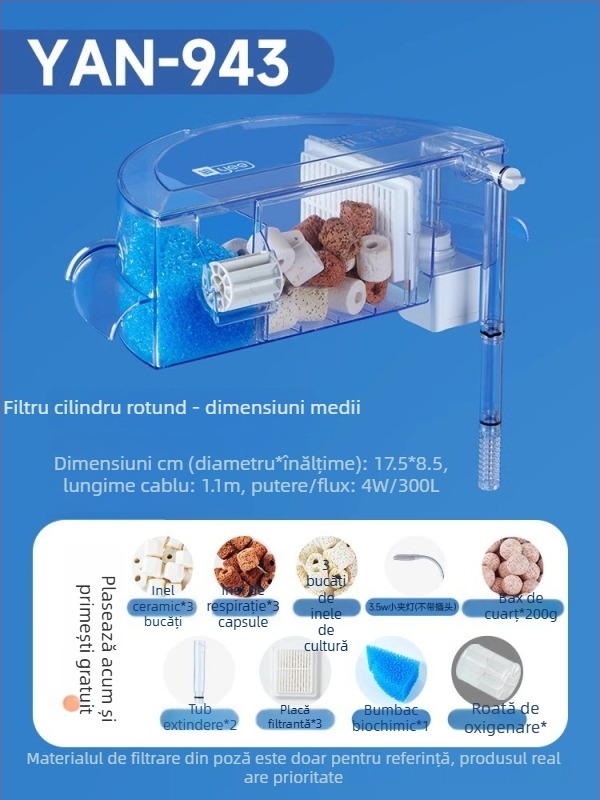 Filtru rotund pentru acvariu cu generare de oxigen încorporată, cascadă montată pe perete, filtrare trei în unu • Plastic • Greutate: 480 g • Brand: yee