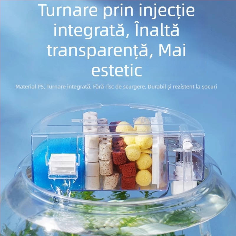 Filtru rotund pentru acvariu cu generare de oxigen încorporată, cascadă montată pe perete, filtrare trei în unu • Plastic • Greutate: 480 g • Brand: yee