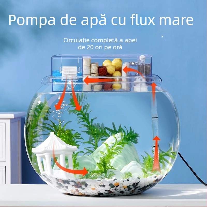 Filtru rotund pentru acvariu cu generare de oxigen încorporată, cascadă montată pe perete, filtrare trei în unu • Plastic • Greutate: 480 g • Brand: yee