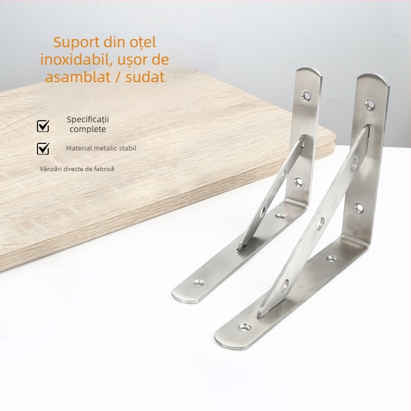 Suport triunghiular din oțel inoxidabil pentru raft de perete, finisaj periat, stil modern minimalist