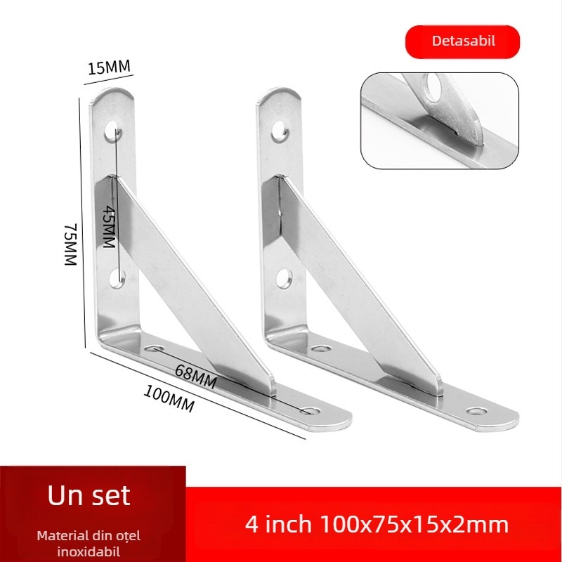 Suport triunghiular din oțel inoxidabil pentru raft de perete, finisaj periat, stil modern minimalist