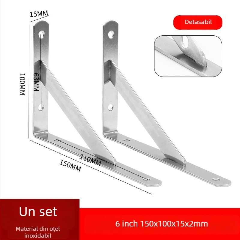 Suport triunghiular din oțel inoxidabil pentru raft de perete, finisaj periat, stil modern minimalist