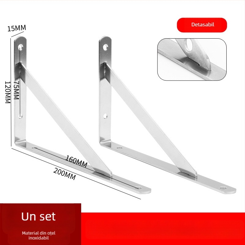 Suport triunghiular din oțel inoxidabil pentru raft de perete, finisaj periat, stil modern minimalist