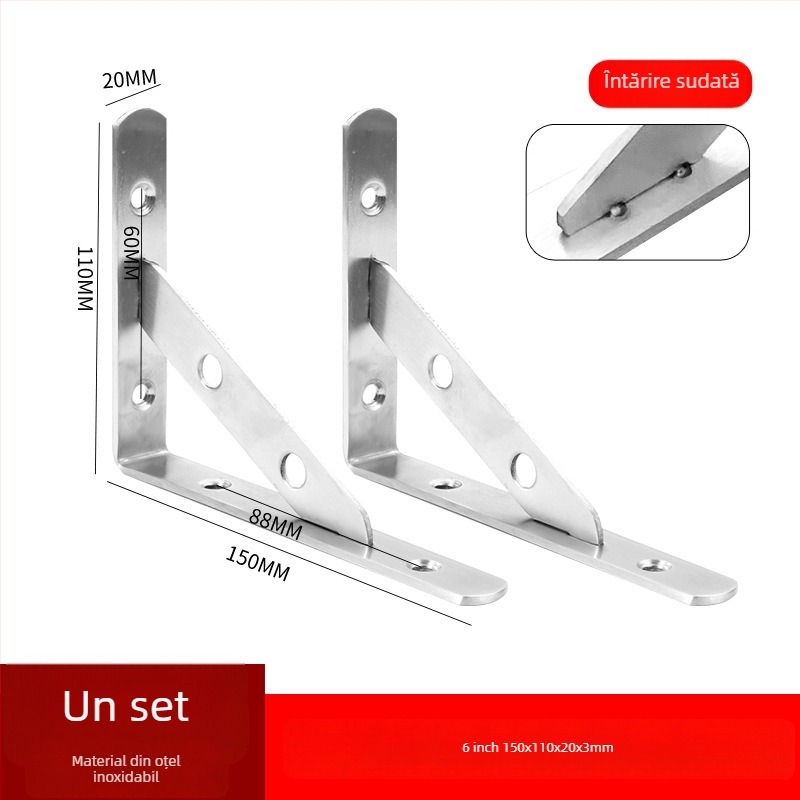 Suport triunghiular din oțel inoxidabil pentru raft de perete, finisaj periat, stil modern minimalist