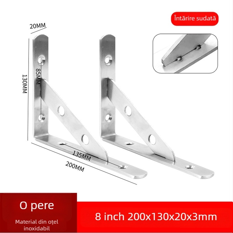 Suport triunghiular din oțel inoxidabil pentru raft de perete, finisaj periat, stil modern minimalist