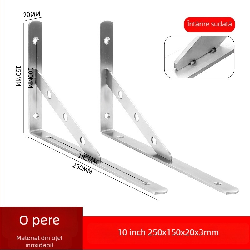 Suport triunghiular din oțel inoxidabil pentru raft de perete, finisaj periat, stil modern minimalist