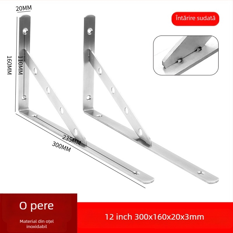 Suport triunghiular din oțel inoxidabil pentru raft de perete, finisaj periat, stil modern minimalist