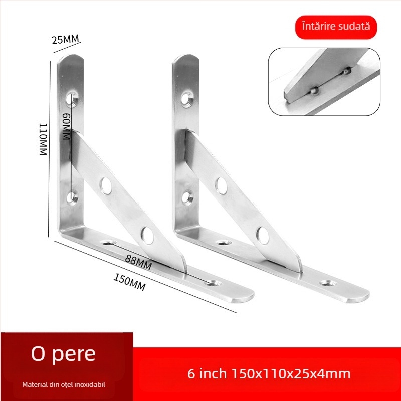 Suport triunghiular din oțel inoxidabil pentru raft de perete, finisaj periat, stil modern minimalist