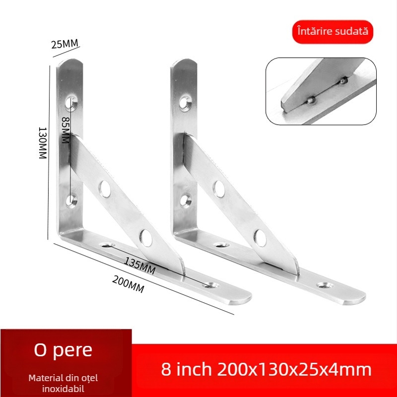 Suport triunghiular din oțel inoxidabil pentru raft de perete, finisaj periat, stil modern minimalist