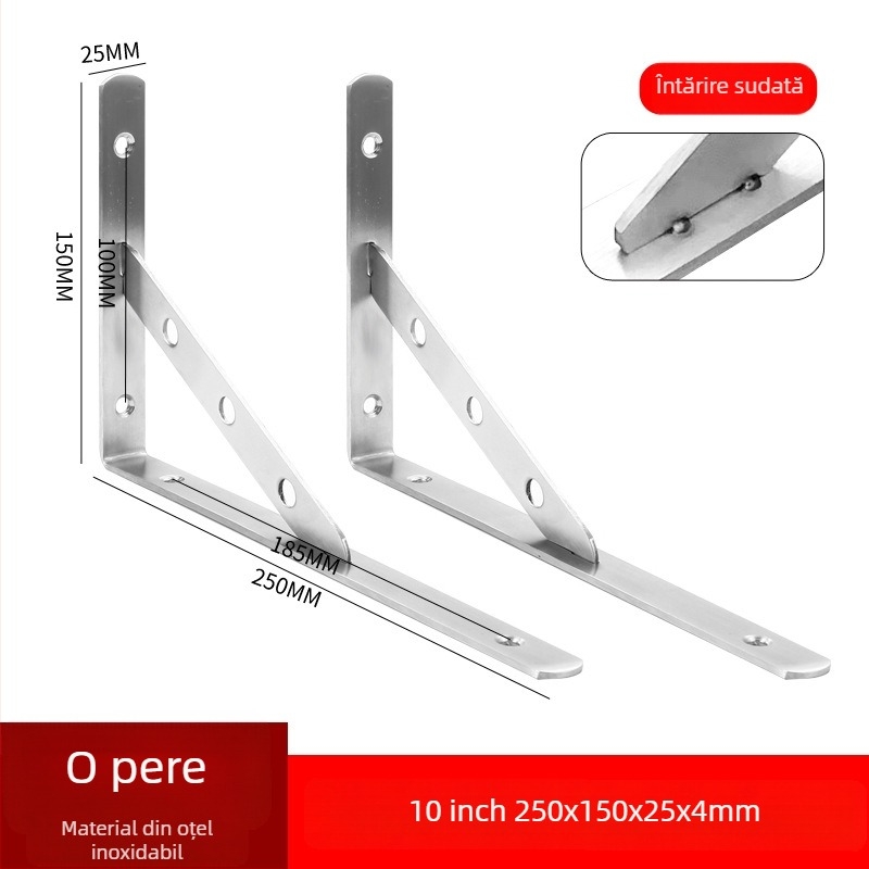 Suport triunghiular din oțel inoxidabil pentru raft de perete, finisaj periat, stil modern minimalist