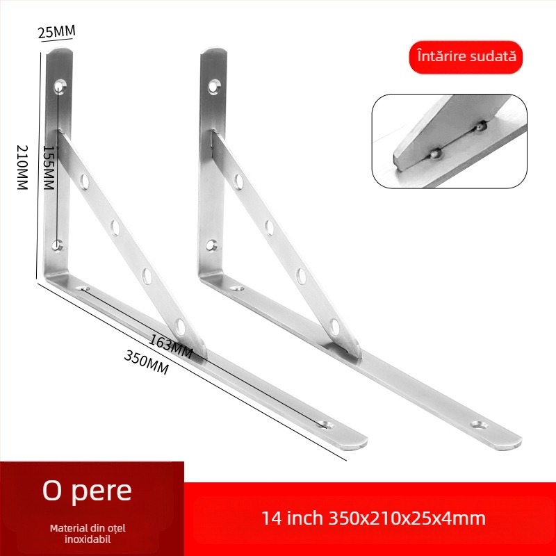 Suport triunghiular din oțel inoxidabil pentru raft de perete, finisaj periat, stil modern minimalist