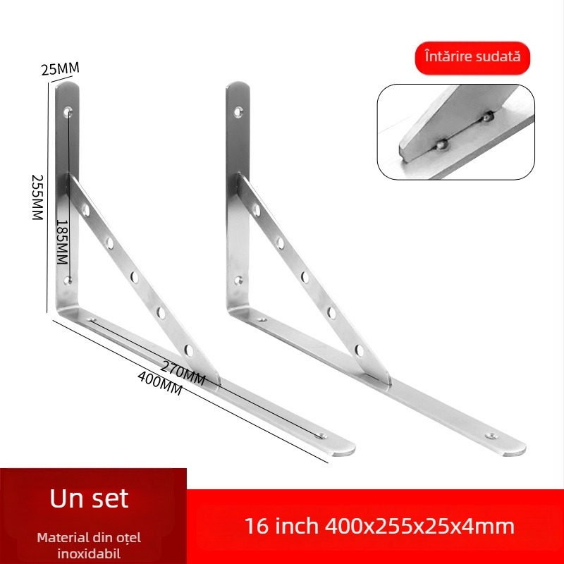 Suport triunghiular din oțel inoxidabil pentru raft de perete, finisaj periat, stil modern minimalist