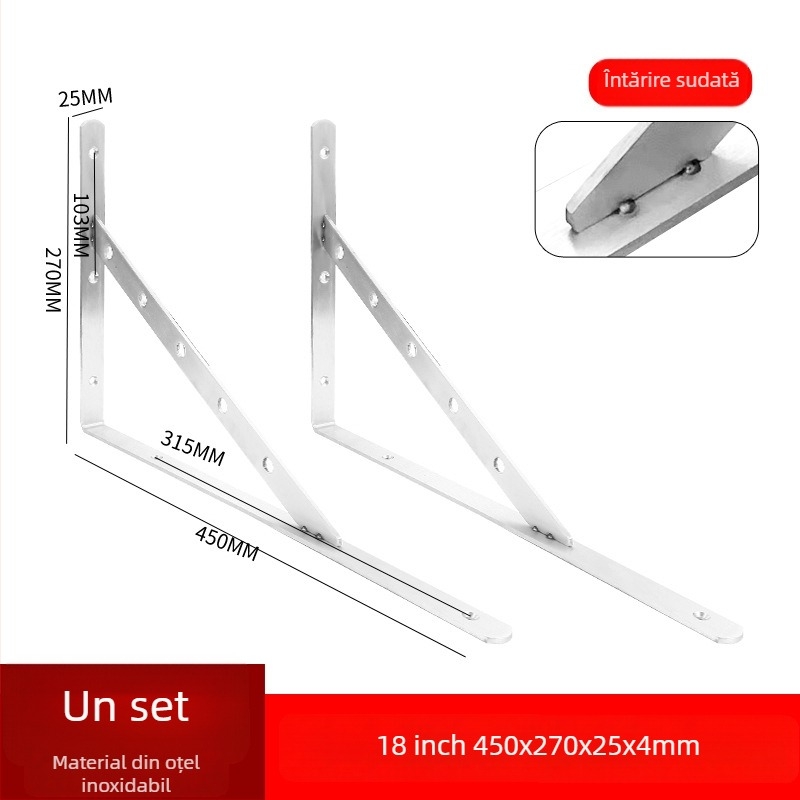 Suport triunghiular din oțel inoxidabil pentru raft de perete, finisaj periat, stil modern minimalist