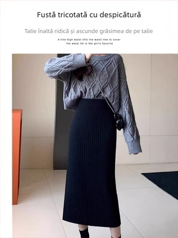 Fustă damă A-line, lungă, talie înaltă, despicare frontală, căptușită cu fleece, poliester 95%+