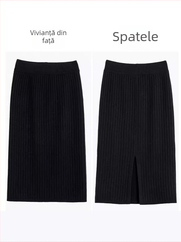 Fustă damă A-line, lungă, talie înaltă, despicare frontală, căptușită cu fleece, poliester 95%+