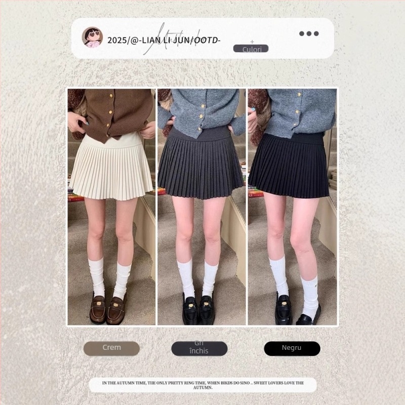 Fustă plisată scurtă, talie înaltă, croi A, țesătură din lână