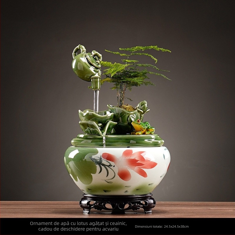 Fântână ceramică pentru living, cu motiv lotus și apă curgătoare, pictură manuală, suprafață glazurată, stil pastoral