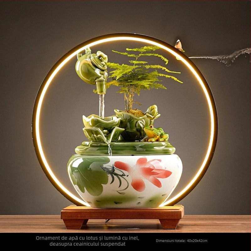 Fântână ceramică pentru living, cu motiv lotus și apă curgătoare, pictură manuală, suprafață glazurată, stil pastoral