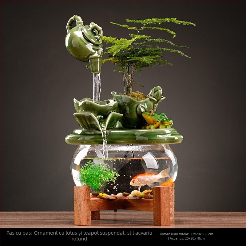 Fântână ceramică pentru living, cu motiv lotus și apă curgătoare, pictură manuală, suprafață glazurată, stil pastoral