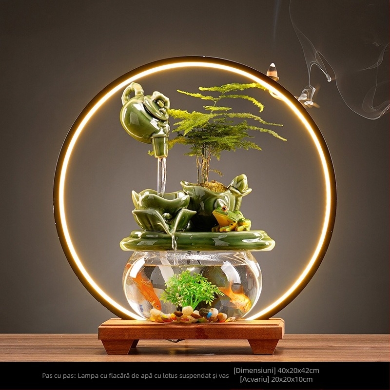 Fântână ceramică pentru living, cu motiv lotus și apă curgătoare, pictură manuală, suprafață glazurată, stil pastoral