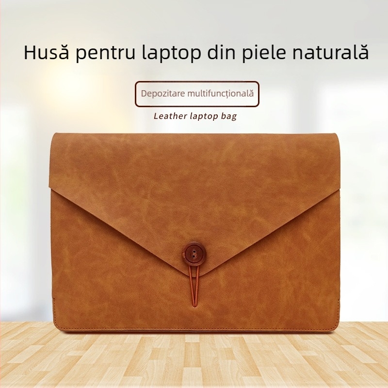Husa laptop din piele naturală cu buzunar pentru calculator, închidere cu șnur, impermeabilă și rezistentă, stil retro clutch