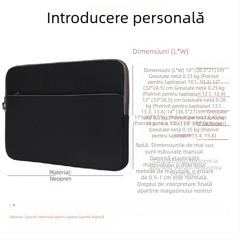 Geantă pentru laptop din neopren, închidere cu fermoar, căptușeală, buzunar pentru calculator, impermeabilă