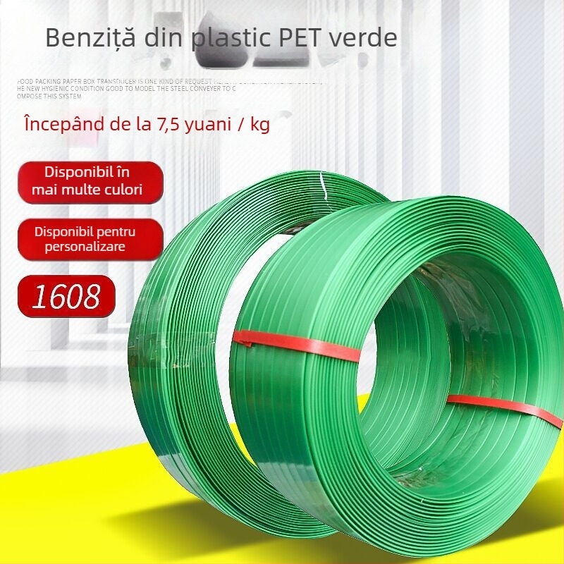 Bandă PET din oțel plastic 1608/1910, rezistență la tracțiune 500 kg, grosime 1 mm, diametru extern al rolei 56,5 mm, diametru intern 40 mm, specificații 1910/1608