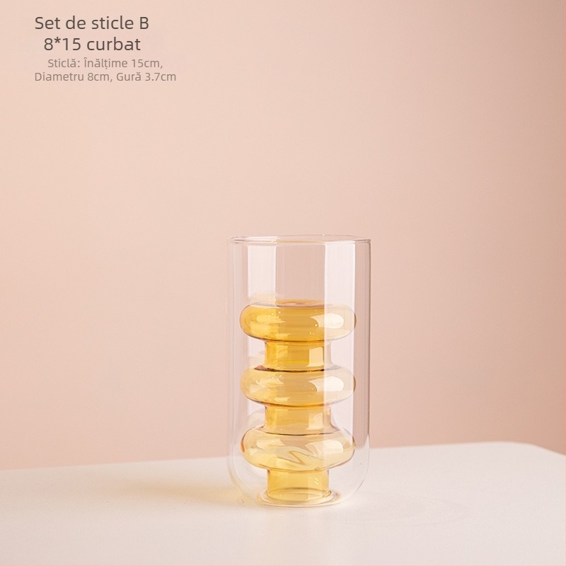 Vază din sticlă cu două straturi, design geometric, decor transparent pentru birou, semi-artizanal, stil modern de artă